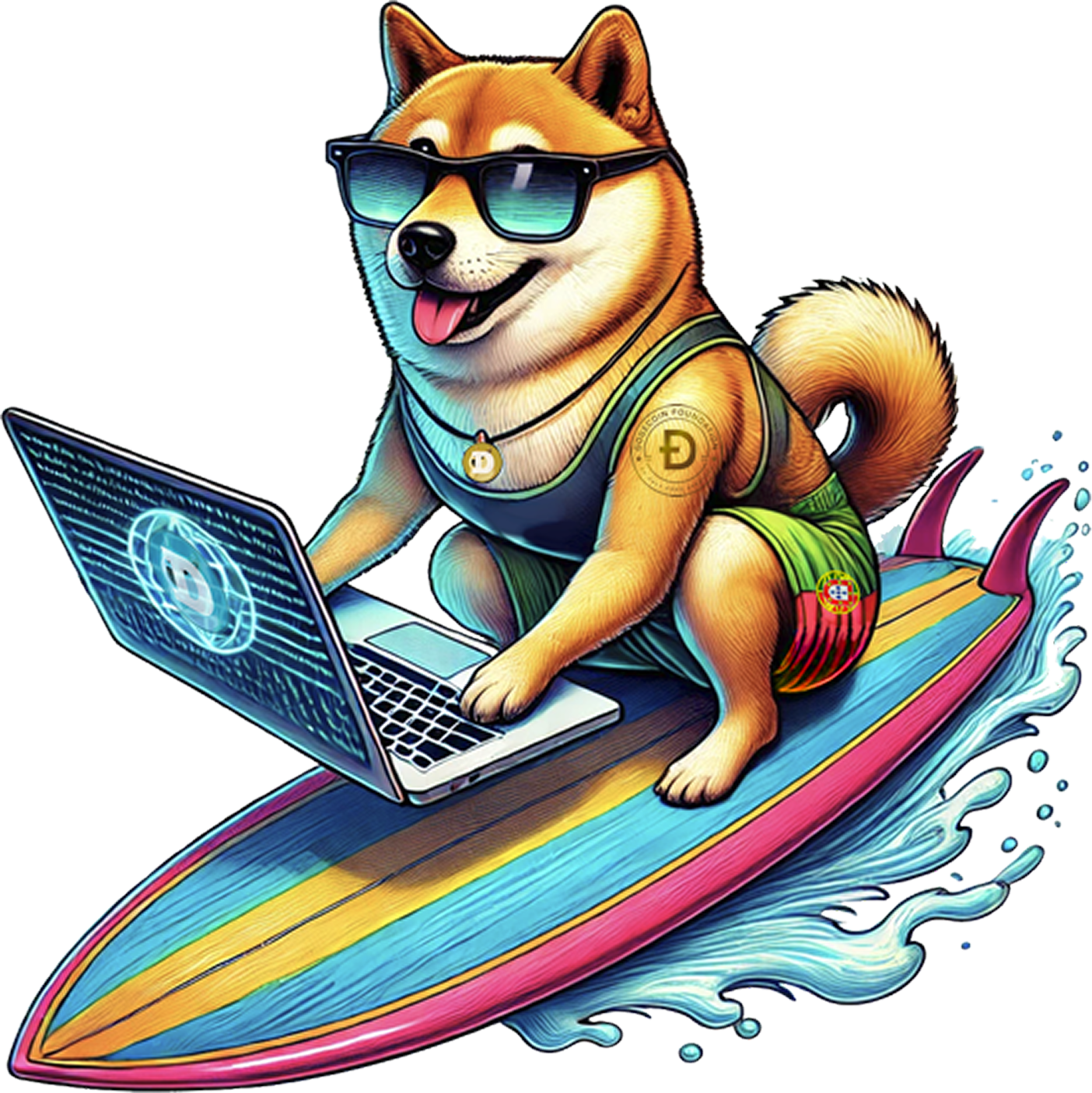 Doge shiba inu on a surfboard